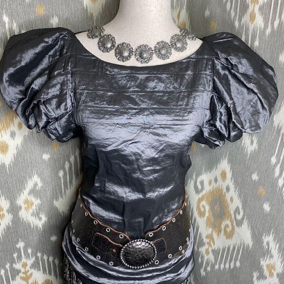 Ralph Lauren Gunmetal Pewter Metallic Pouf Sleeve Stretch Blouse - Picture 6 of 16